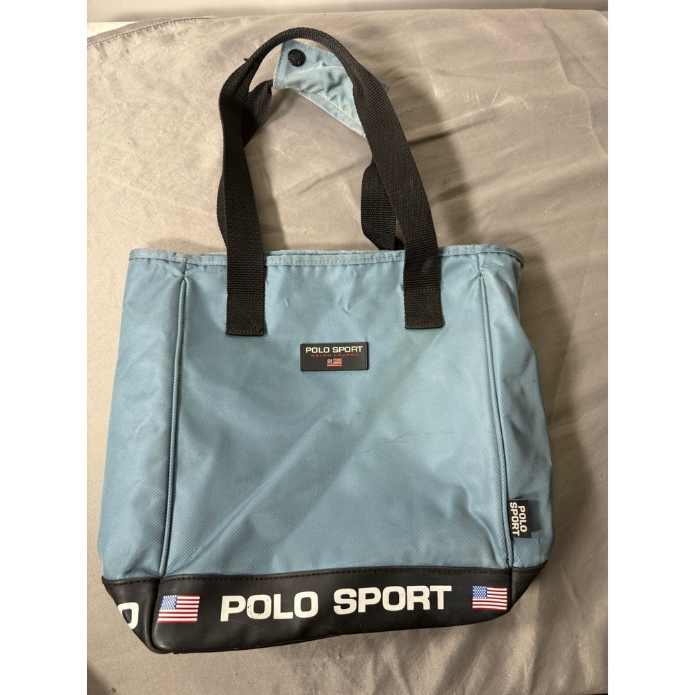 Vintage Polo Sport Ralph Lauren Tote Bag Blue Canvas Spellout Logo USA Flag